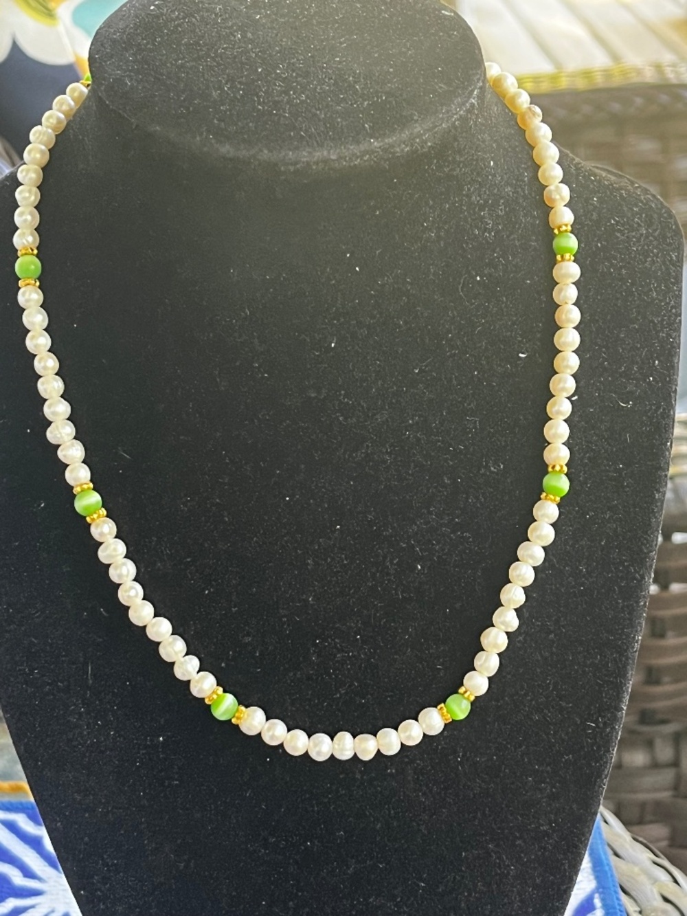 10kt gold closure Freshwater Baroque Pearls & Green Cats eye beaded necklace